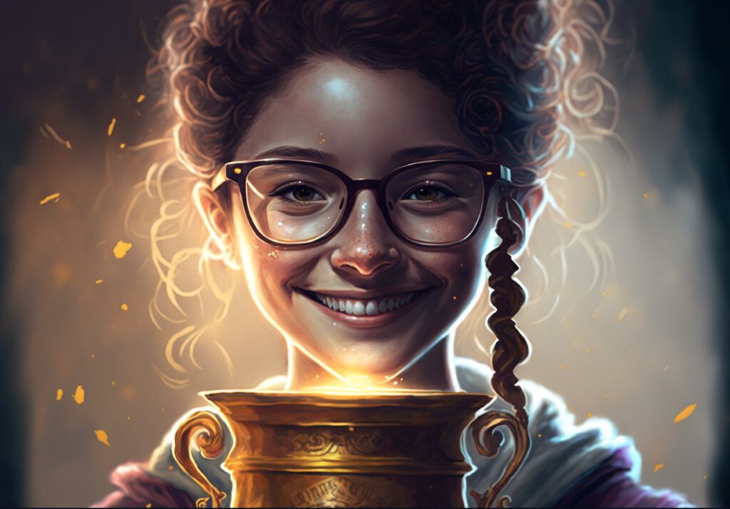 יצירה של מידג׳רני לפי הפרומפט: geek girl smiling with a trophy, magical scene